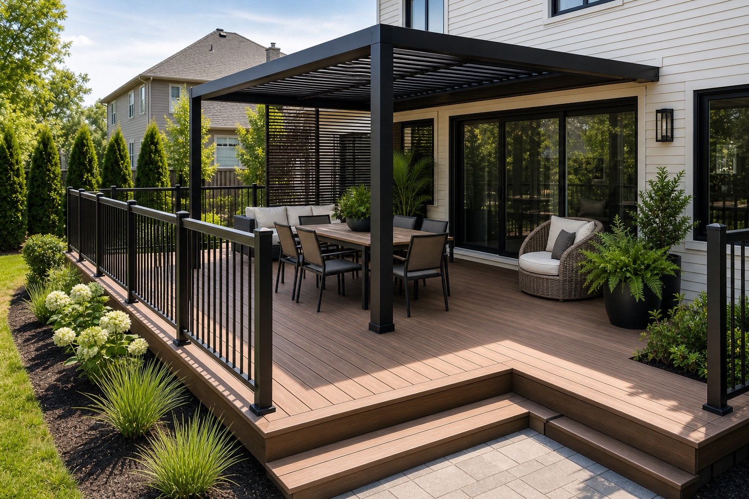 Patio composite avec pergola noire, rampes, table à manger et coin détente