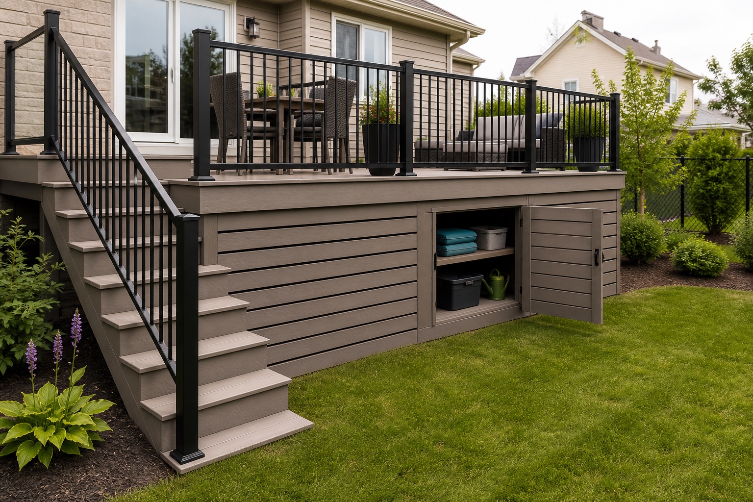Patio composite avec jupe horizontale, rampe noire et porte de rangement intégrée