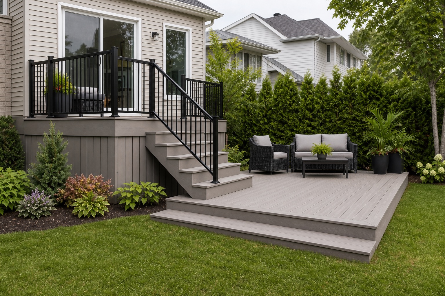 Patio composite avec palier surélevé, rampe noire, escaliers et plateforme basse reliée au gazon